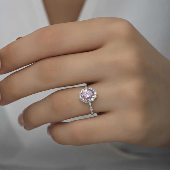 Gümüş Pembe Oval Taşlı Kadın Yüzük SL4712 - Resim 3