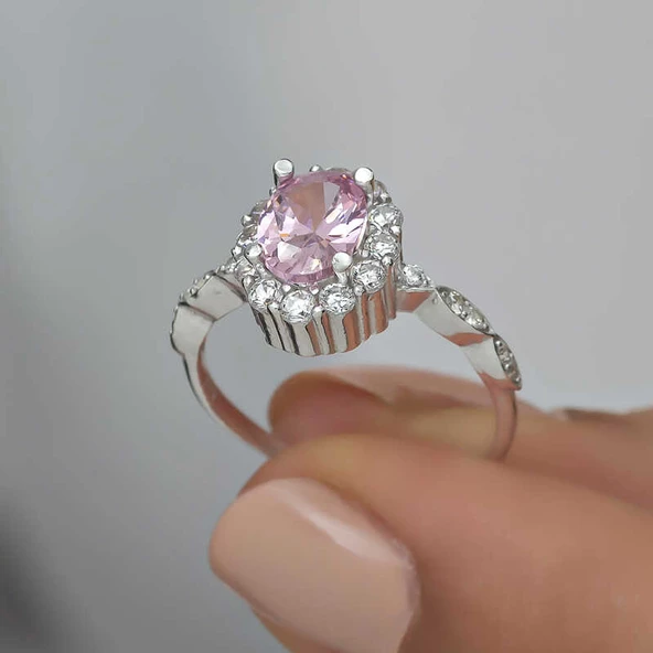 Gümüş Pembe Oval Taşlı Kadın Yüzük SL4712 - Resim 8