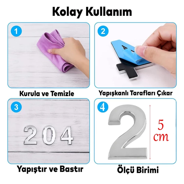 Yapışkanlı Kapı Numarası Küçük Boy 50 mm 5 cm Numara 2 Rakam İki Sayısı Krom Renk Numaralar 1 Adet - 2