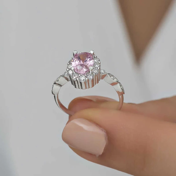 Gümüş Pembe Oval Taşlı Kadın Yüzük SL4712 - Resim 7