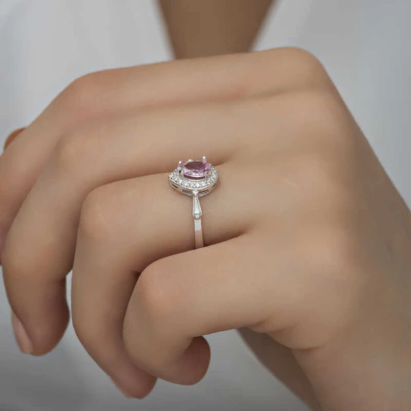 Gümüş Pembe Damla Taşlı Kadın Yüzük SL4701 - Resim 11