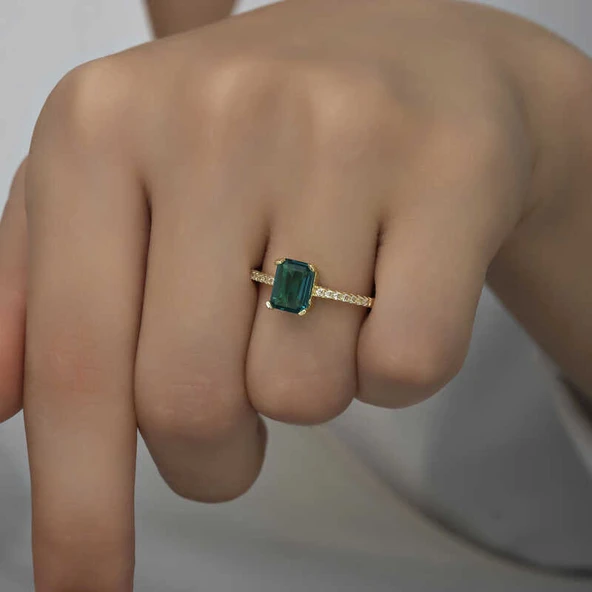 Gümüş Gold Yeşil Baget Taşlı Kadın Yüzük SL4721 - Resim 9