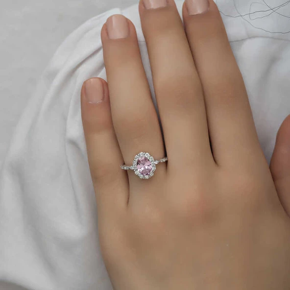 Gümüş Pembe Oval Taşlı Kadın Yüzük SL4712 - Resim 6