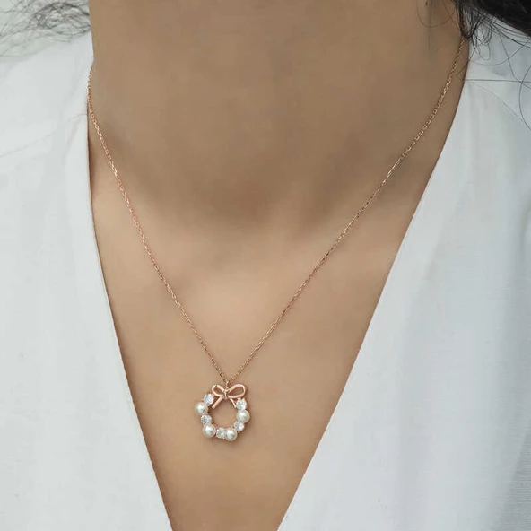 Gümüş Rose İnci Kurdele Kadın Kolye SL4648 - Resim 2