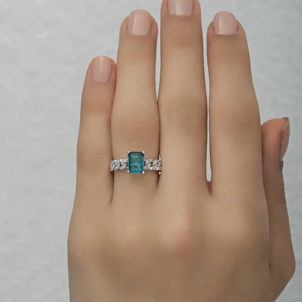 Gümüş Koyu Yeşil Baget Taşlı Kadın Yüzük  SL4717 - Resim 6