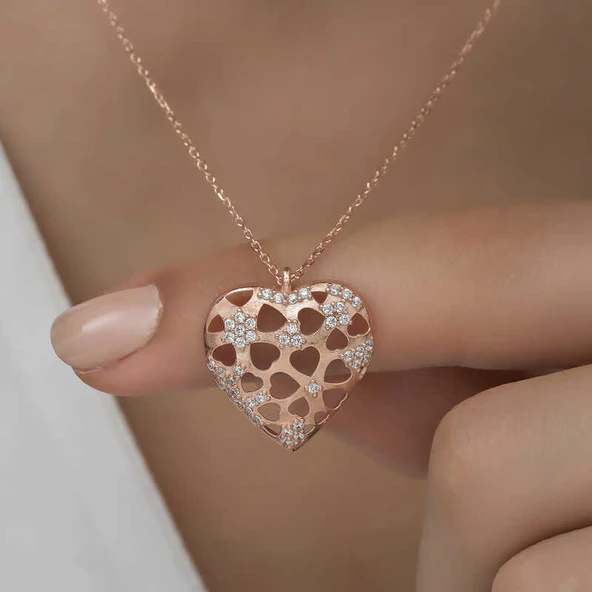 Gümüş Rose Bombeli Kalp Kadın Kolye  SL4746 - Resim 8