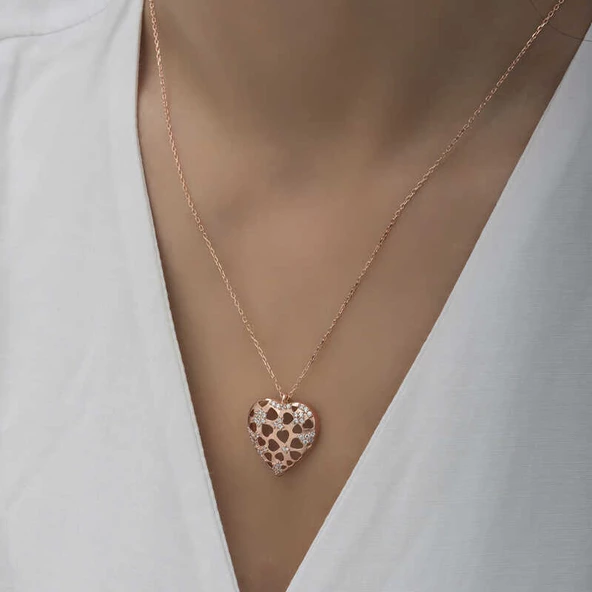 Gümüş Rose Bombeli Kalp Kadın Kolye  SL4746 - Resim 5