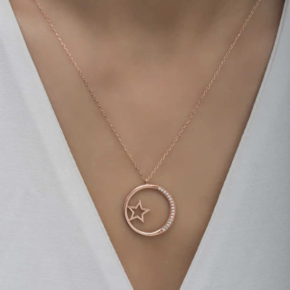 Gümüş Rose Yıldız Detaylı Halka Kadın Kolye SL4747 - Resim 3
