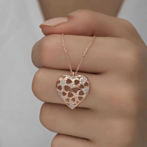 Gümüş Rose Bombeli Kalp Kadın Kolye  SL4746 - Resim 9