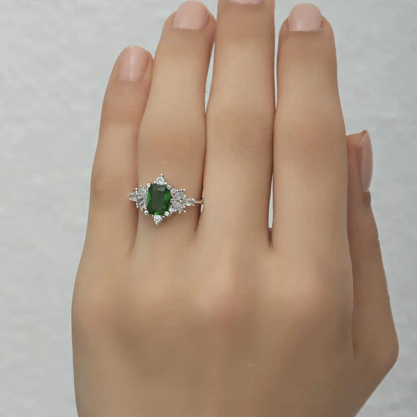 Gümüş Yeşil Baget Taşlı Kadın Yüzük SL4714 - Resim 10