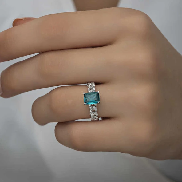 Gümüş Koyu Yeşil Baget Taşlı Kadın Yüzük  SL4717 - Resim 11