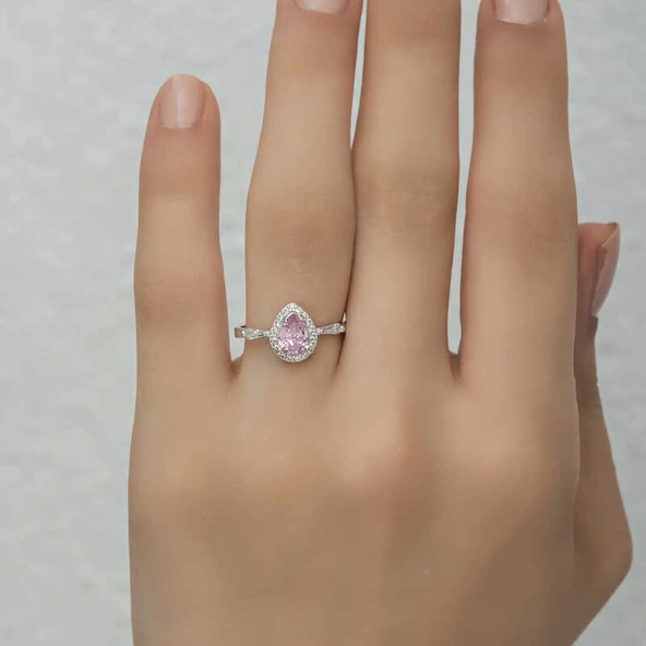 Gümüş Pembe Damla Taşlı Kadın Yüzük SL4701 - Resim 12