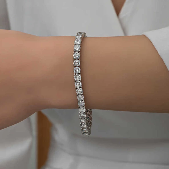 Gümüş 3 mm Beyaz Taşlı Su Yolu Kadın Bileklik SL5341
