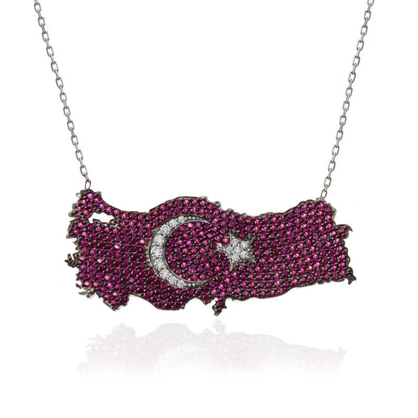 Gümüş Ay Yıldız Türkiye Haritası Kadın Kolye SL5326 - Resim 2