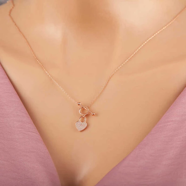 Gümüş Rose Sallantılı Kalp Kadın Kolye SL5316 - Resim 2