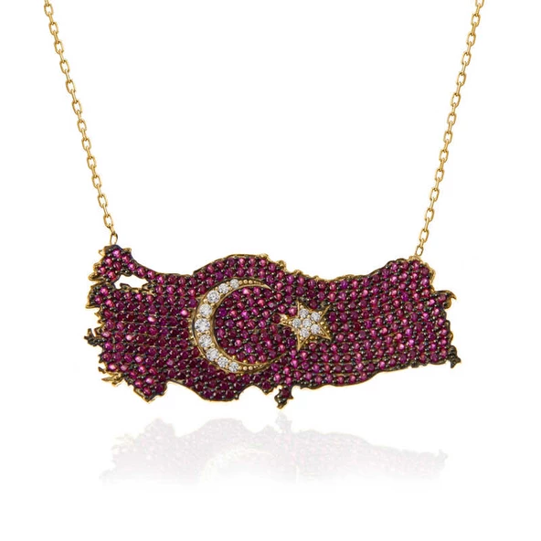 Gümüş Gold Ay Yıldız Türkiye Haritası Kadın Kolye SL5325 - Resim 2