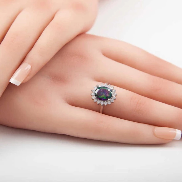 Gümüş Mistik Topaz Taşlı Oval Kadın Yüzük SL5372 - Resim 2