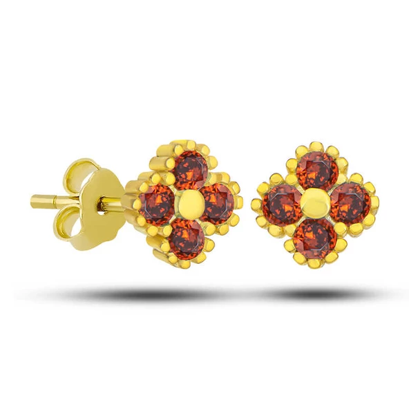 Gümüş Gold Yonca Çivili Kırmızı Taşlı Çocuk Küpe SL5586