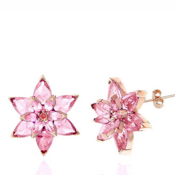 Gümüş Rose Pembe Lotus Çiçeği Çivili Kadın Küpe SL5365 - Resim 3