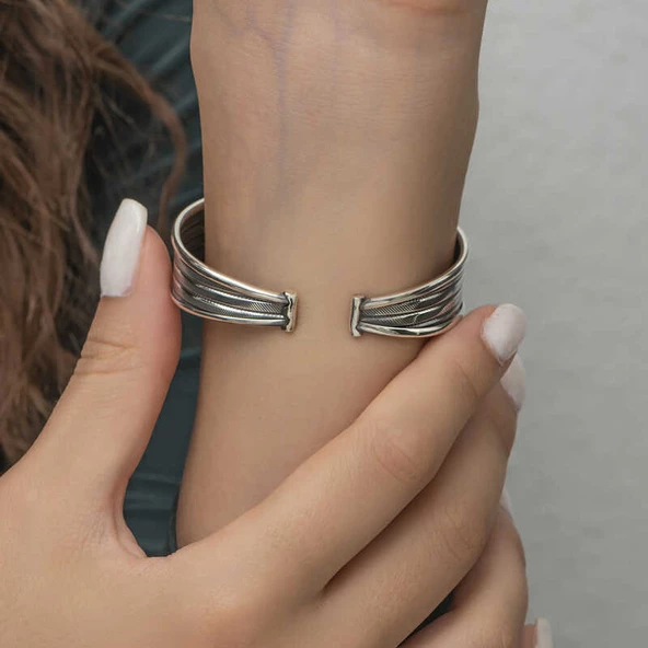 Gümüş Eskitme Desenli Kadın Bilezik SL4965 - Resim 6