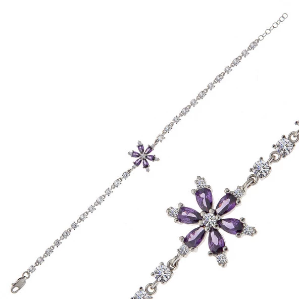 Gümüş Mor Lotus Çiçeği Kadın Bileklik SL5302 - Resim 2