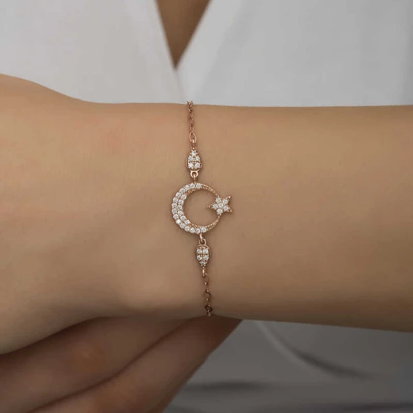 Gümüş Rose Ay Yıldız Kadın Bileklik SL5247 - Resim 6