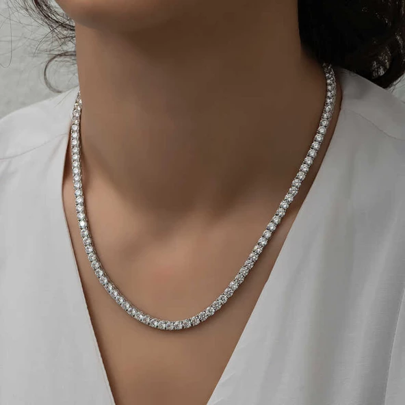 Gümüş 5 mm Beyaz Taşlı Su Yolu Kadın Kolye SL5337 - Resim 6