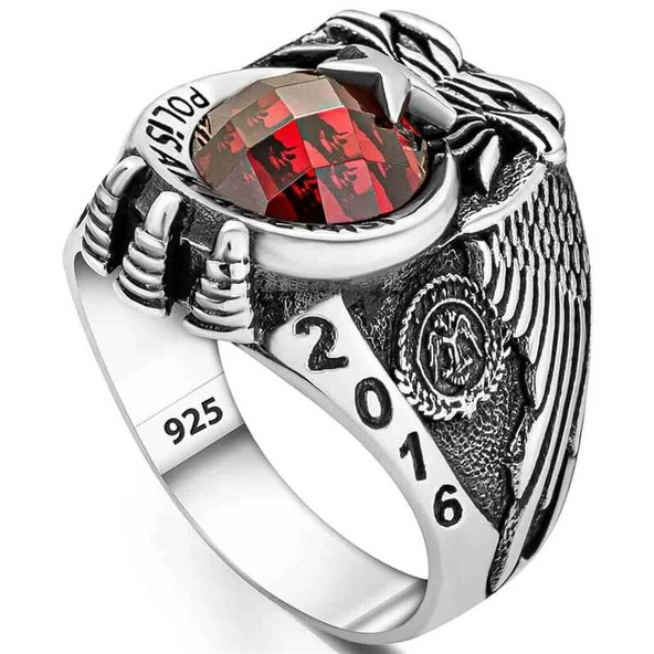 Gümüş Polis Akademisi Kırmızı Taşlı Erkek Yüzük  SL5439 - Resim 3