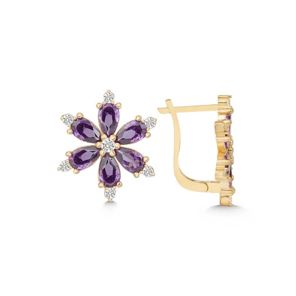 Gümüş Gold Mor Lotus Çiçeği Kadın Küpe SL5470
