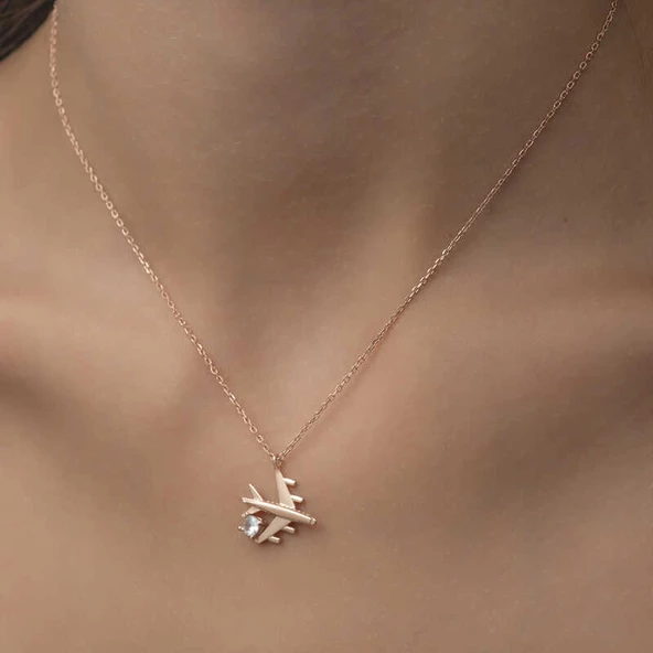 Gümüş Rose Tek Taşlı Uçak Kadın Kolye  SL4962 - Resim 4
