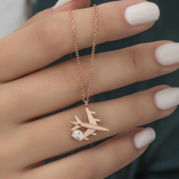 Gümüş Rose Tek Taşlı Uçak Kadın Kolye  SL4962 - Resim 2
