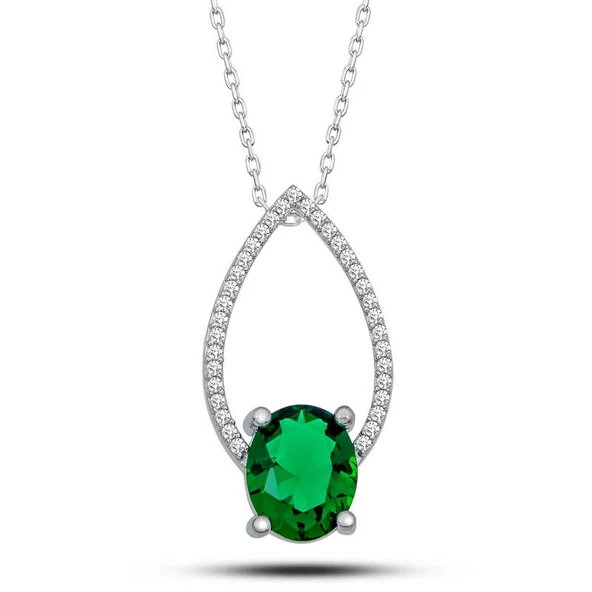 Gümüş Yeşil Oval Taşlı Damla Kadın Kolye SL5147 - 1