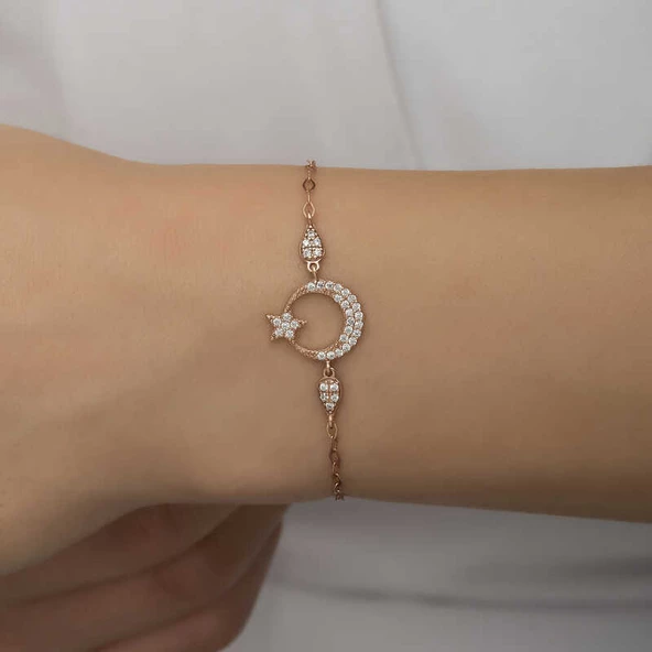 Gümüş Rose Ay Yıldız Kadın Bileklik SL5247 - Resim 9