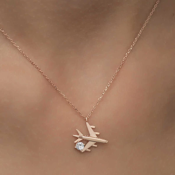 Gümüş Rose Tek Taşlı Uçak Kadın Kolye  SL4962 - Resim 6