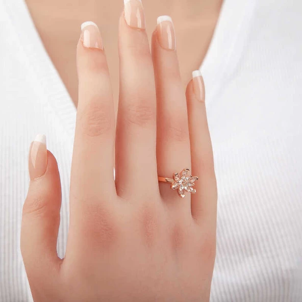 Gümüş Rose Beyaz Taşlı Lotus Çiçeği Kadın Yüzük SL5368 - Resim 3