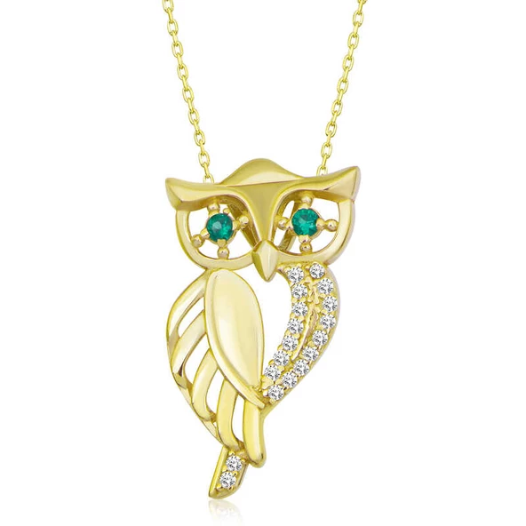 ​Gümüş Gold Yeşil Gözlü Baykuş Kadın Kolye SL5068