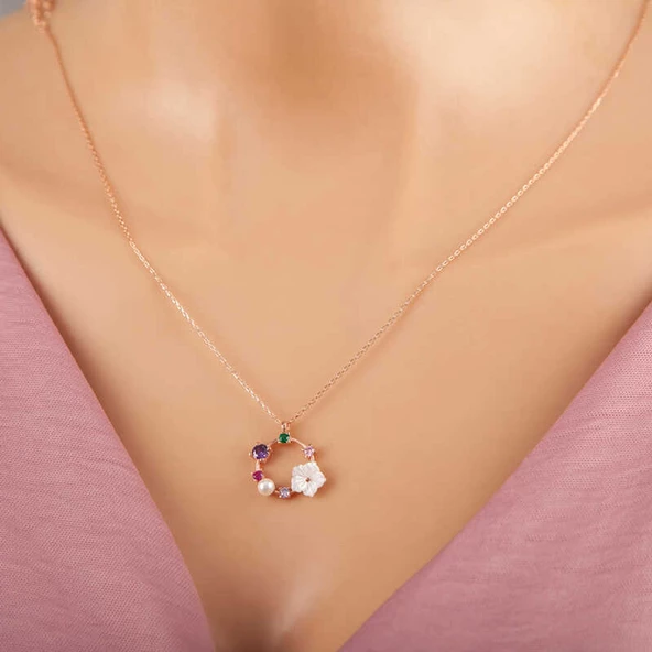 Gümüş Rose Renkli Taşlı Manolya Çiçeği Kadın Kolye SL5319 - Resim 2