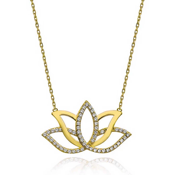 Gümüş Gold Lotus Çiçeği Kadın Kolye SL5676 - Resim 2