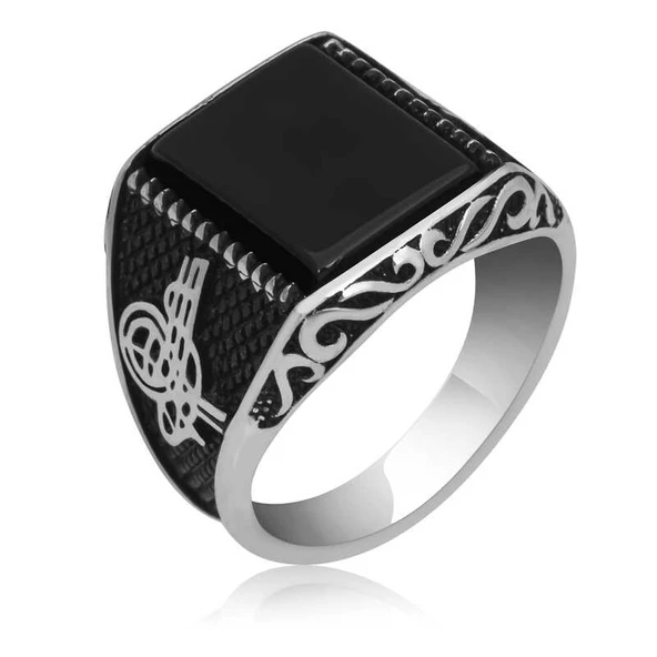 Gümüş Oniks Taşlı Tuğra Erkek Yüzük  SL4946 - 7
