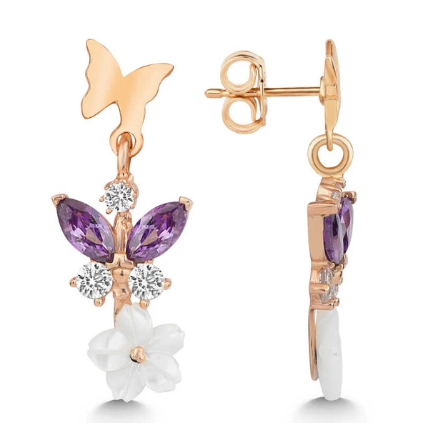 Gümüş Rose Mor Taşlı Sedef Çiçek Çivili Kadın Küpe  SL5472 ürün görseli