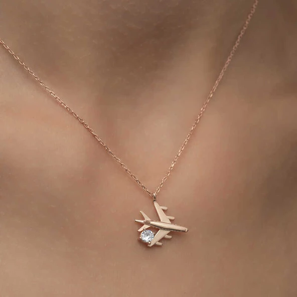 Gümüş Rose Tek Taşlı Uçak Kadın Kolye  SL4962 - Resim 5