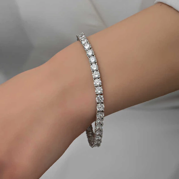Gümüş 5 mm Beyaz Taşlı Su Yolu Kadın Bileklik SL5338 - 3