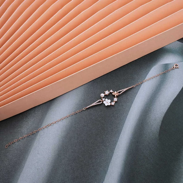 Gümüş Rose Kalp Manolya Çiçeği Kelebek Kadın Bileklik SL5288 - Resim 2