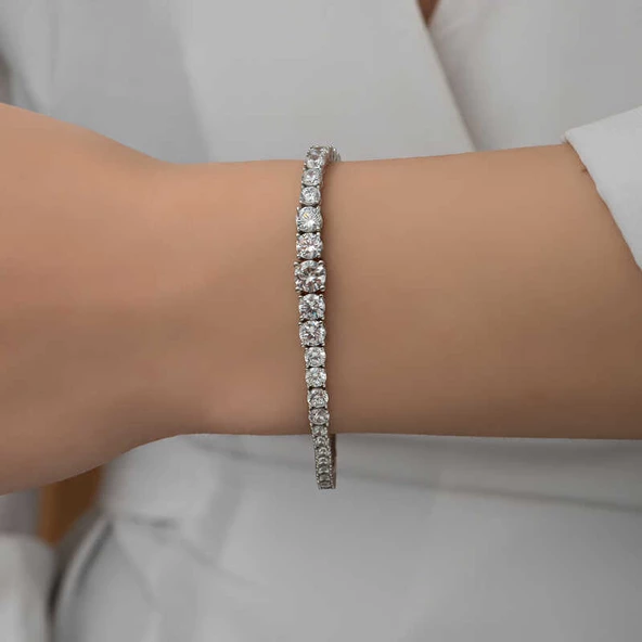 Gümüş Süzme Beyaz Taşlı Su Yolu Kadın Bileklik SL5343 - Resim 2