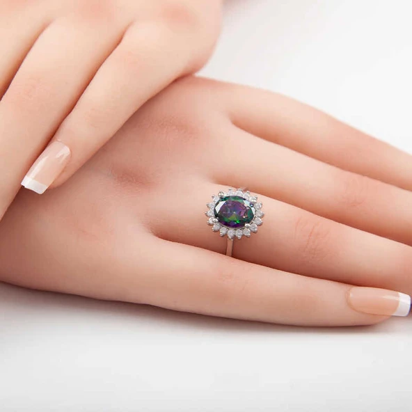 Gümüş Mistik Topaz Taşlı Oval Kadın Yüzük SL5372 - Resim 4