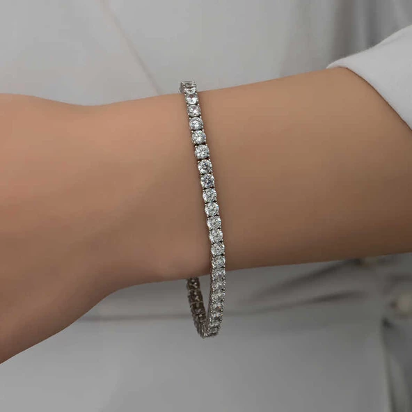 Gümüş 5 mm Beyaz Taşlı Su Yolu Kadın Bileklik SL5338 - 5
