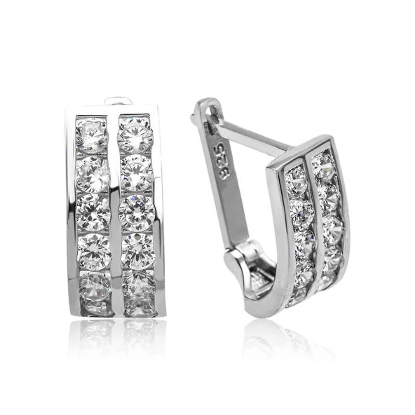 Gümüş Çift Sıra Beyaz Taşlı J Kadın Küpe SL5093