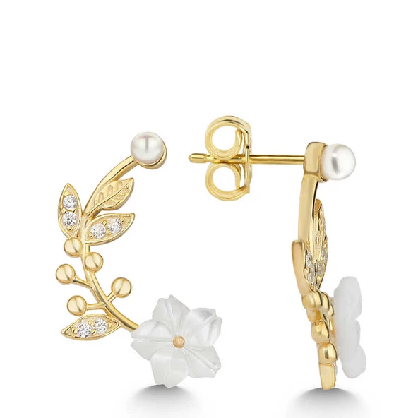 Gümüş Gold Sedef Çiçek Çivili Kadın Küpe SL5461 - Resim 3