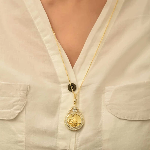 Gümüş Gold Kaplama Damla Tuğralı Kadın Kolye SL5638 - Resim 3