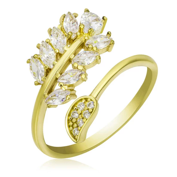 Gümüş Gold Ayarlanabilir Beyaz Taşlı Yaprak Kadın Yüzük SL5101